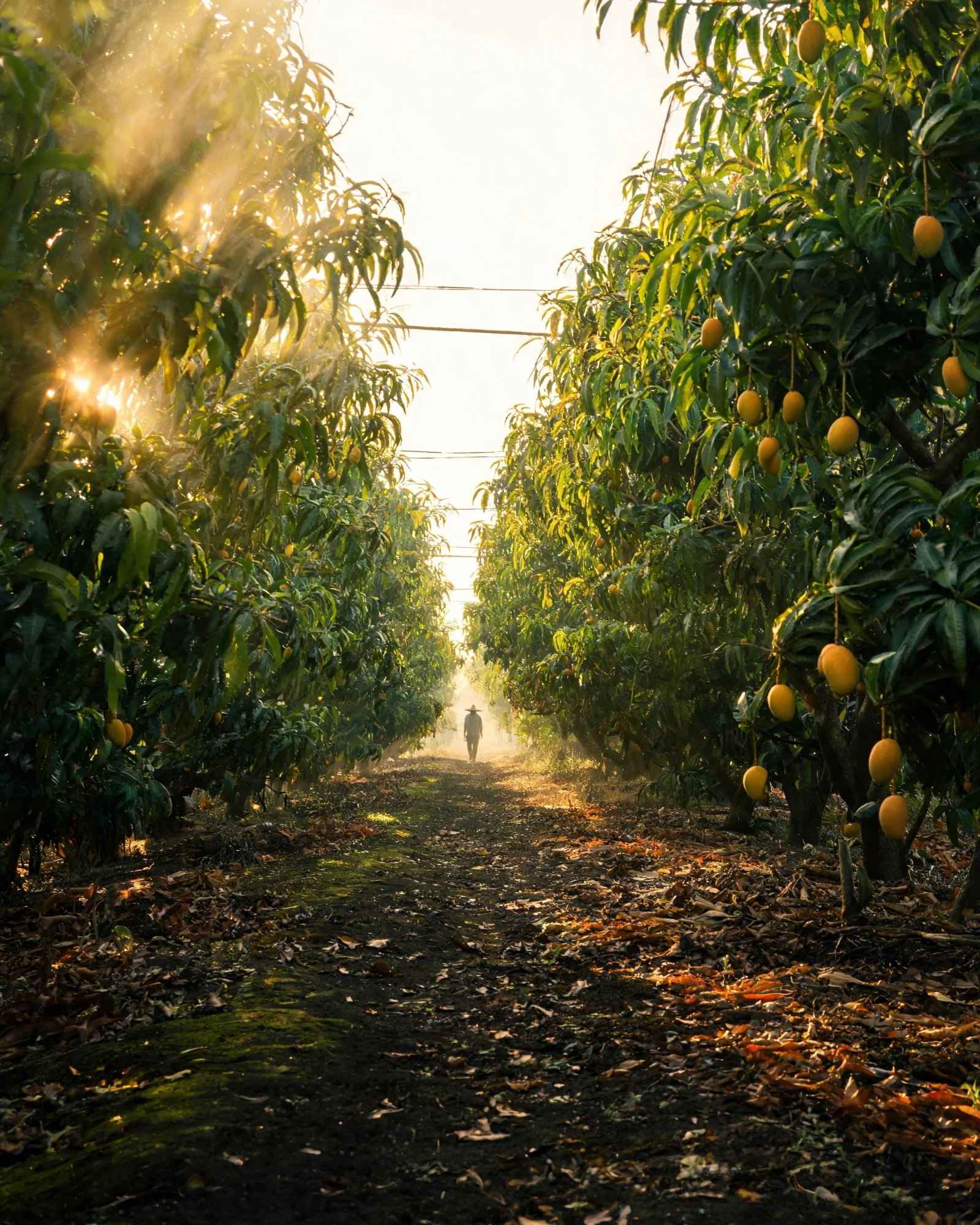 Sunlit corridor through NBAFL mango orchard
