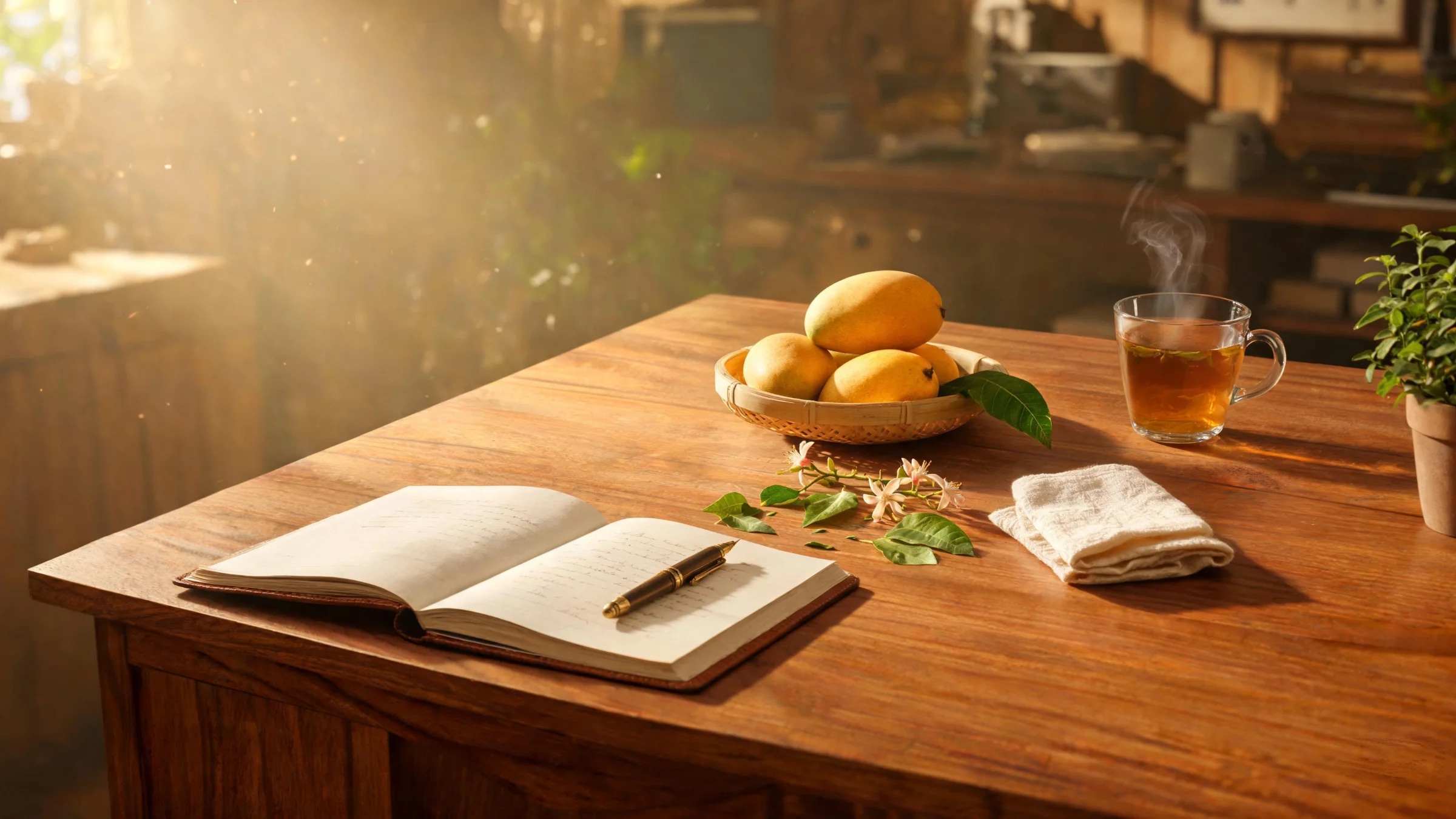 Editorial still life of a journal, mangoes and warm light on a wooden desk